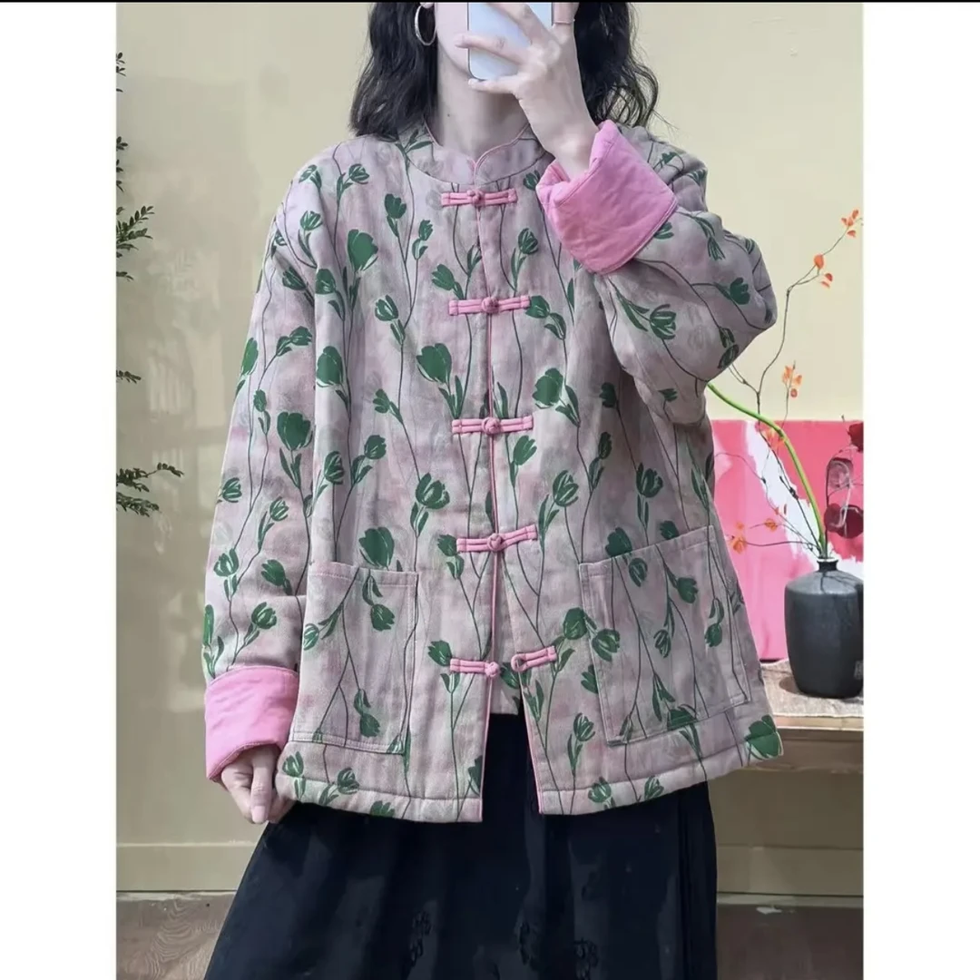 2024冬季女加厚夹棉新中式国风盘扣立领休闲保暖棉服外套