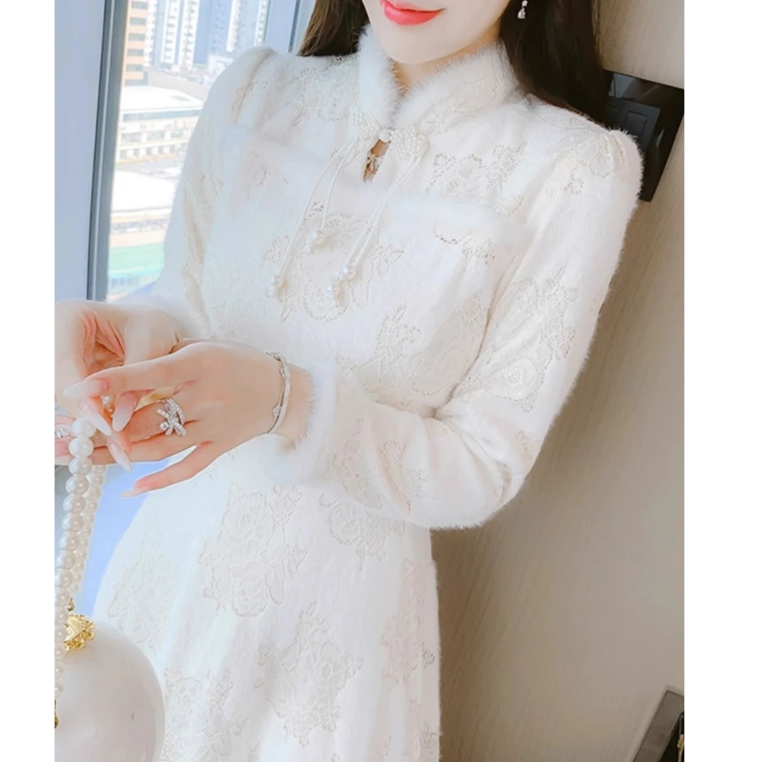 新中式旗袍裙加绒加厚打底连衣裙子女冬季新款时尚减龄复古小个子