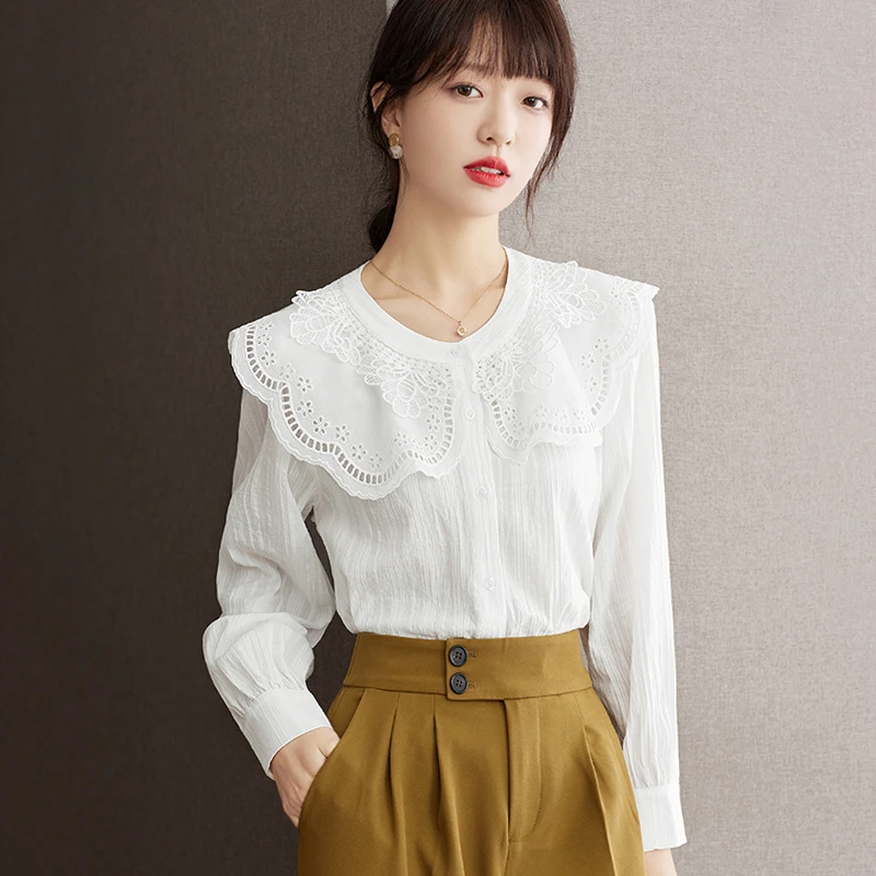 减龄~法式娃娃领衬衫女春装2023新款白色长袖小众别致甜美上衣