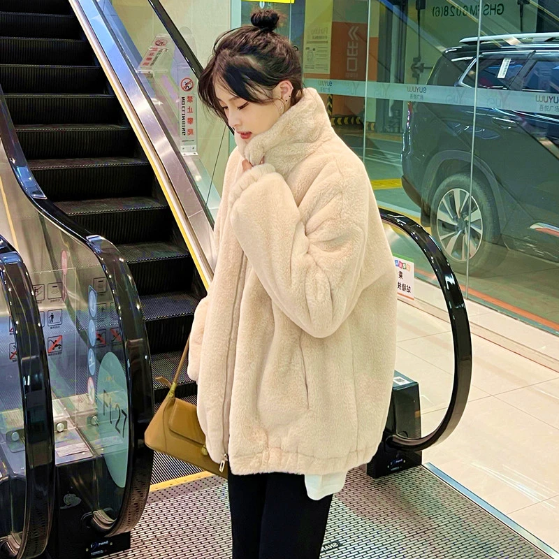 Gr002休闲冬季毛绒绒夹棉加厚甜美保暖拉链宽松韩版新款女外套