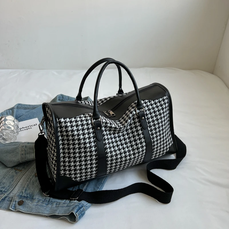 韩版时尚行李包健身包运动登机包轻便千鸟格短途出差包旅行袋单肩