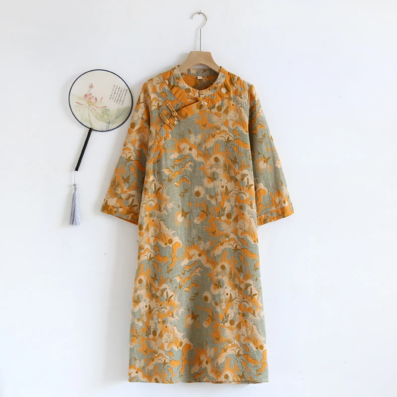 新中式睡裙国风色织双层纱长袖春夏纯棉睡衣家居服四季款可外穿