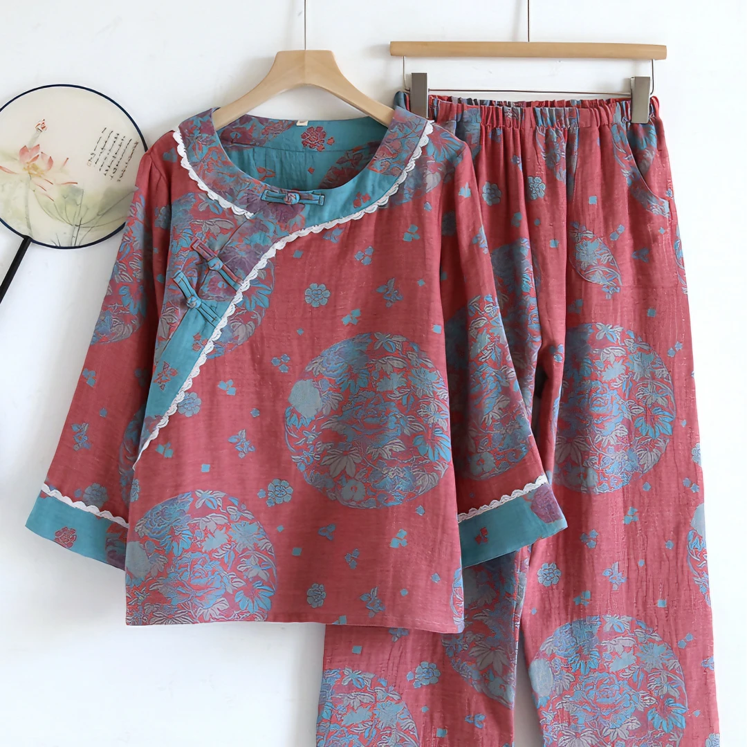 新中式桐夏国风色织双层纱纯棉睡衣休闲家居服两件套四季款可外穿