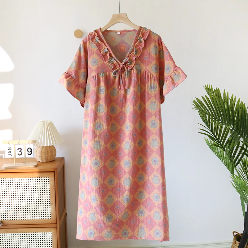 新中式花朵睡裙国风色织双层纱休闲纯棉睡衣家居服四季款可外穿