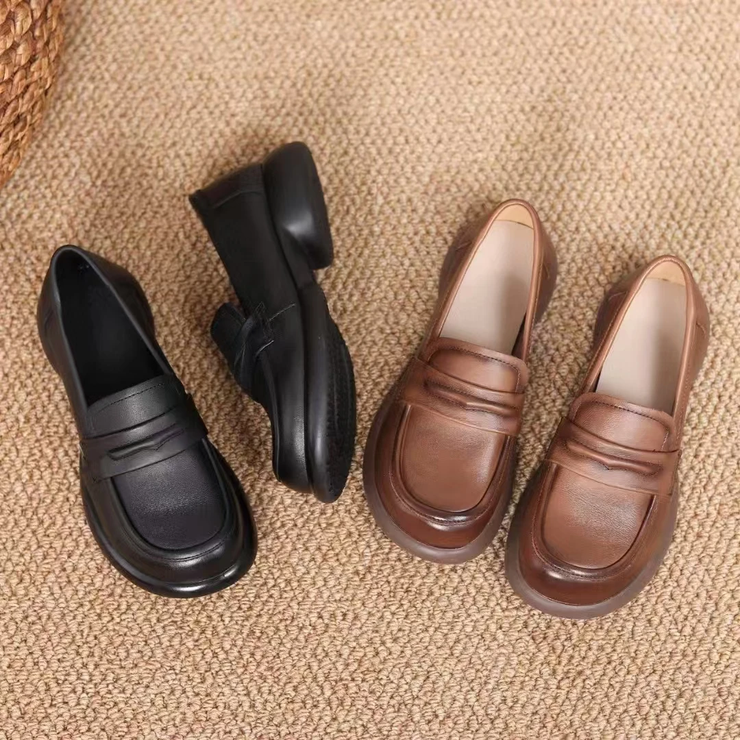 舒适百搭复古头层牛皮软底休闲乐福鞋女英伦风圆头豆豆鞋工作鞋