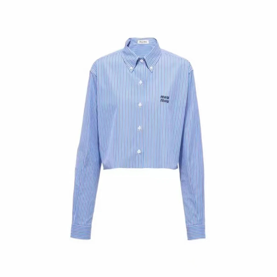 99新  缪缪MIUMIU/蓝色条纹翻领字母logo衬衣/36码