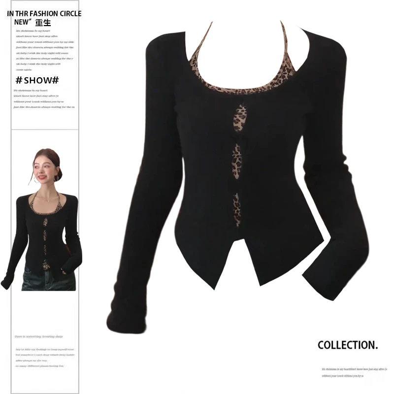 性感辣妹镂空长袖针织衫女秋季新款内搭叠穿豹纹挂脖上衣两件套