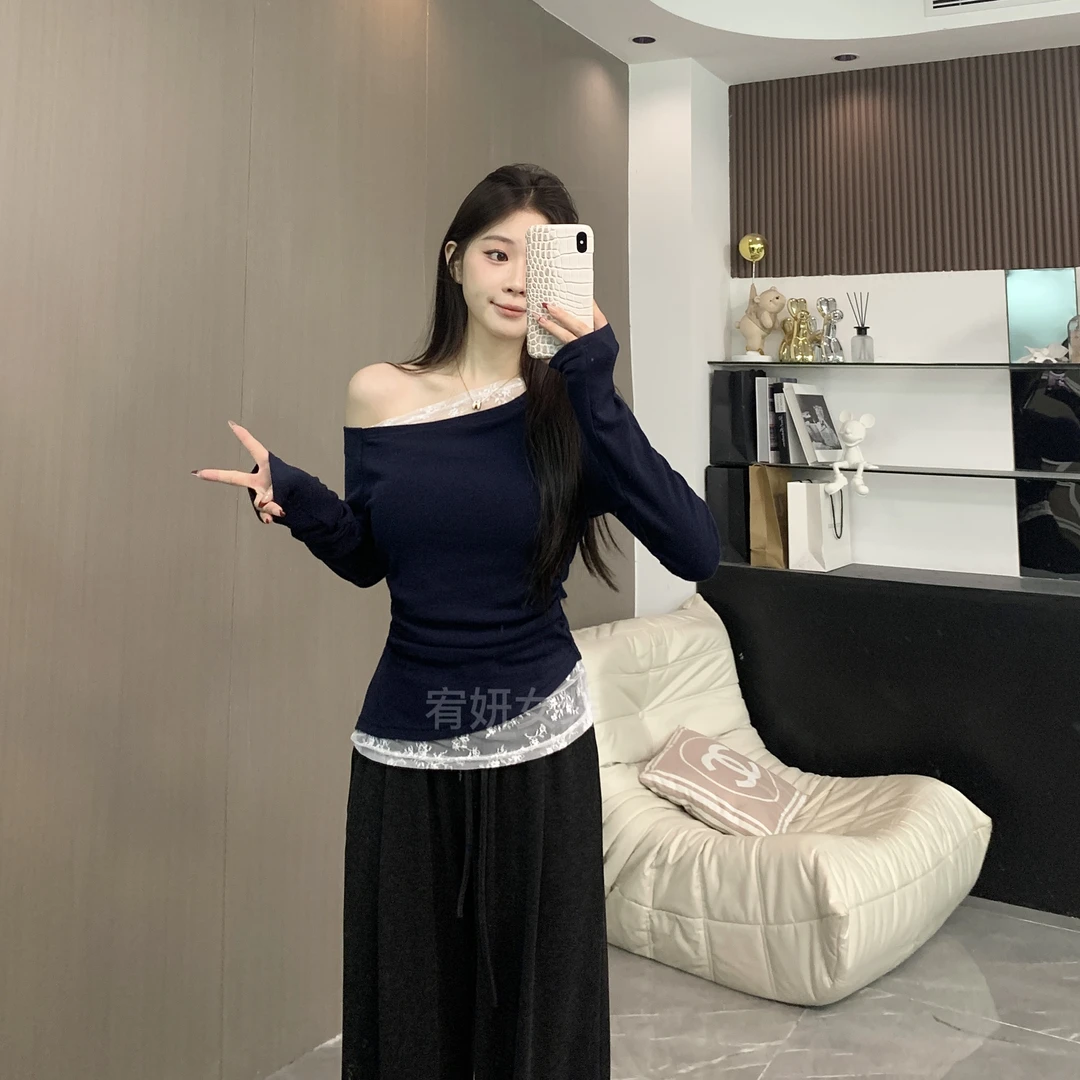 蕾丝拼接斜肩打底衫T恤秋季新款设计感修身显瘦内搭短款女上衣潮