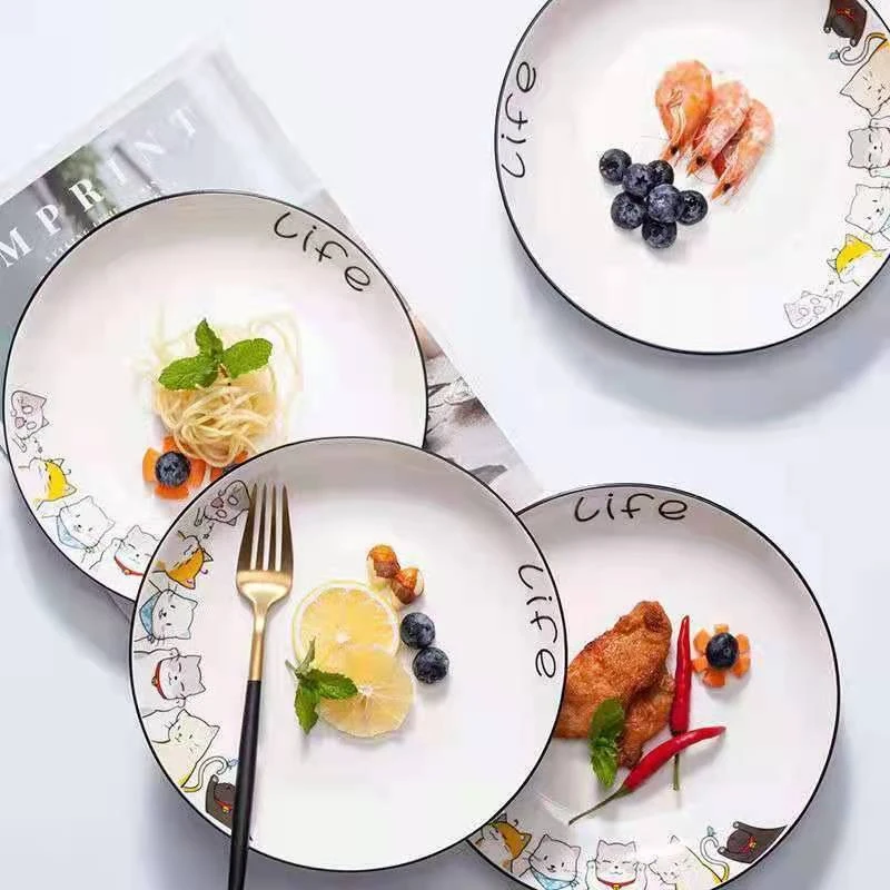 卡通喵喵8英寸饭盘4只装家用炒菜盘早餐盘陶瓷盘盘子网红圆形盘子