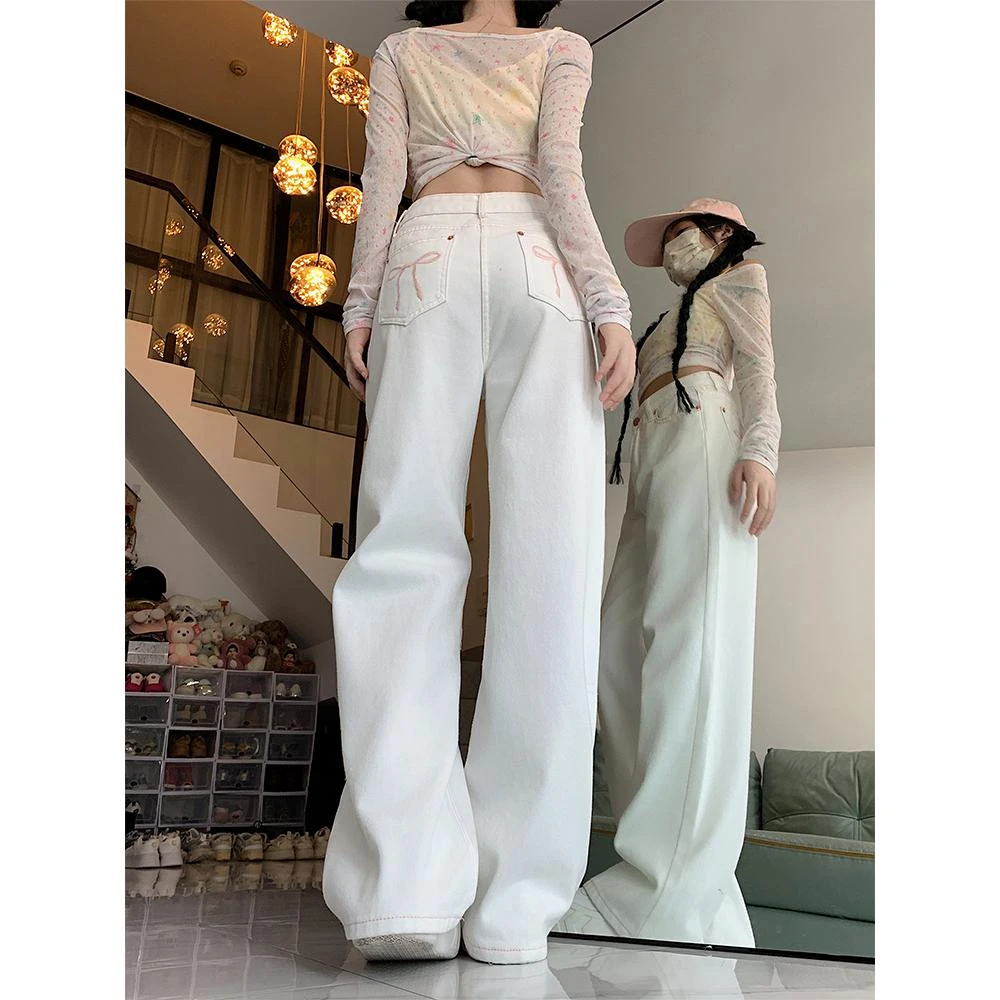 蝴蝶结刺绣直筒牛仔裤女2024夏季新款大码高腰宽松显瘦阔腿拖地裤
