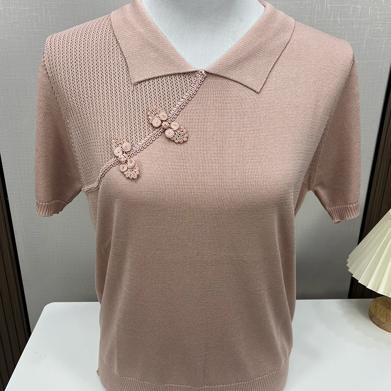 2024新款妈妈夏装短袖冰丝T恤洋气中年女翻领上衣中老年针织小衫