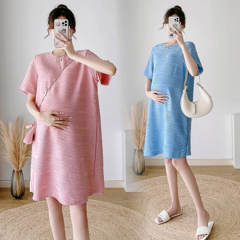 俪识孕妇夏季简单水波纹连衣裙中长款宽松时尚大码孕妇装