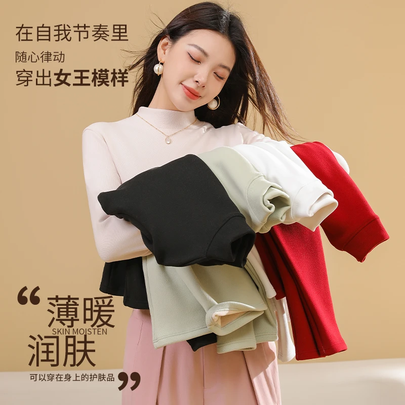 半高领冬季加绒加厚蚕丝羊毛打底衫女加绒修身内搭保暖女上衣长袖