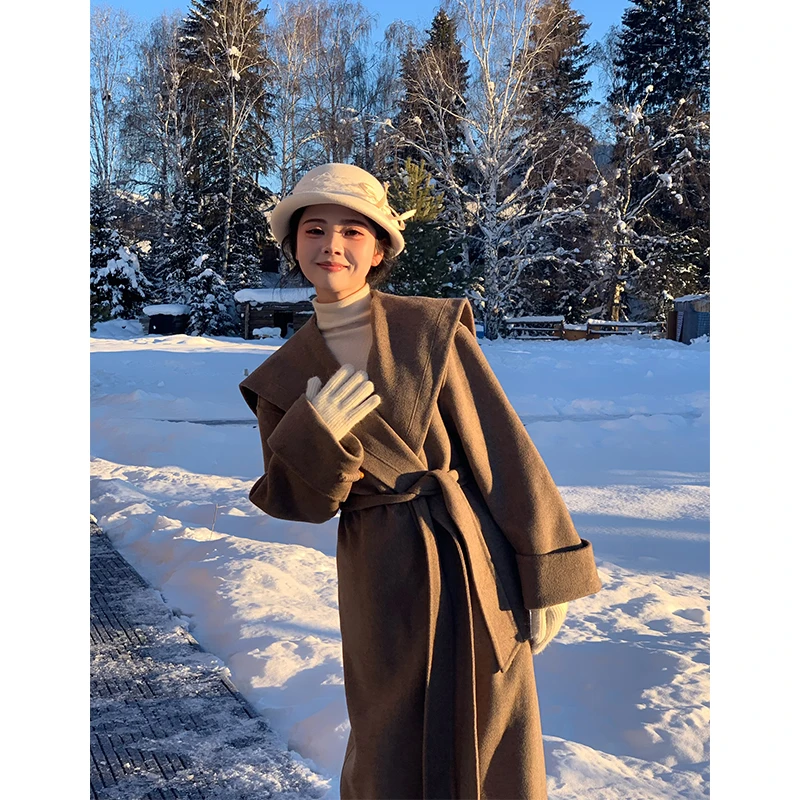 新款秋冬双面羊绒长款大衣时尚气质宽松羊毛外套25D715