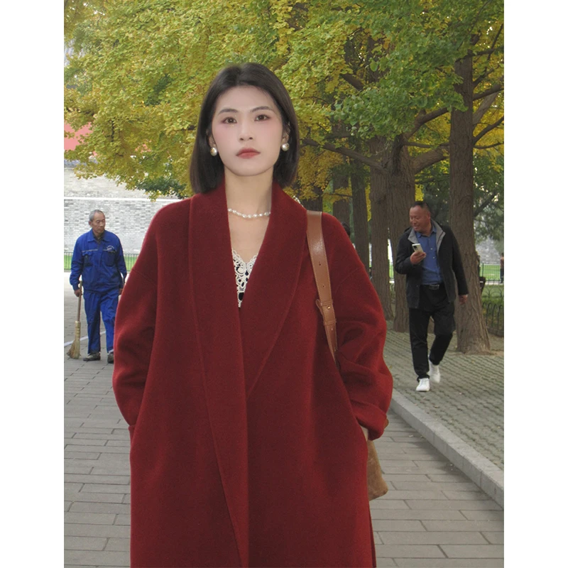 绵羊毛韩系毛呢大衣秋冬新款狐狸毛袖口配腰带长款外套WG009