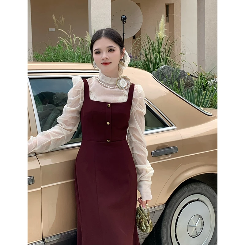 法式复古酒红色背带鱼尾裙搭长袖衬衣女收腰连衣裙37198-37226