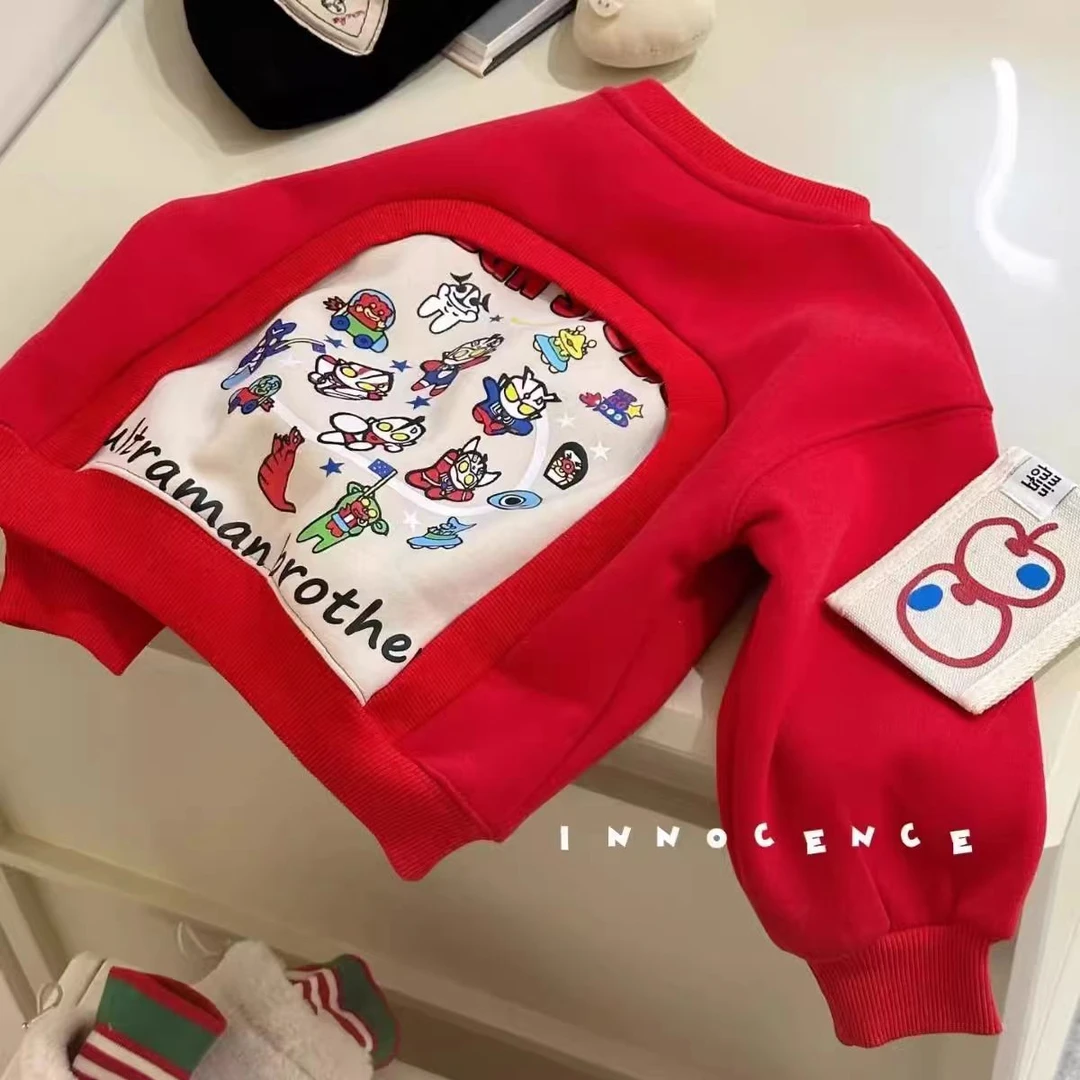 （双节钜惠）2025新年喜庆大红加绒加厚长袖儿童卫衣保暖拜年服