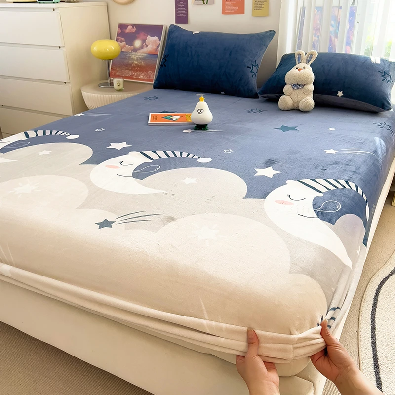 秋冬家居牛奶绒床笠单件防尘防滑固定床罩床单加厚床垫席梦思床垫