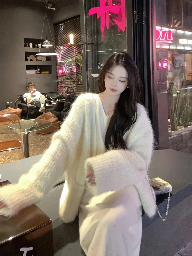 【落日收藏家】羊驼毛颗粒纹理毛衣外套中长款系带宽松开衫针织衫