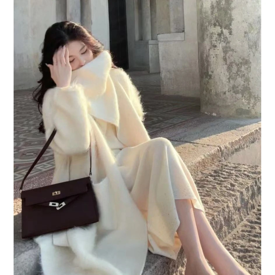 【伯尼德大衣】 羊驼毛中长款毛衣外套 设计感系带长绒毛毛衣开衫女