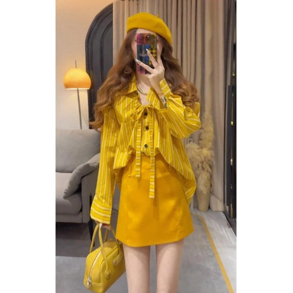 大码胖mm休闲风秋季新款气质套装女宽松条纹系带衬衫半身裙两件套