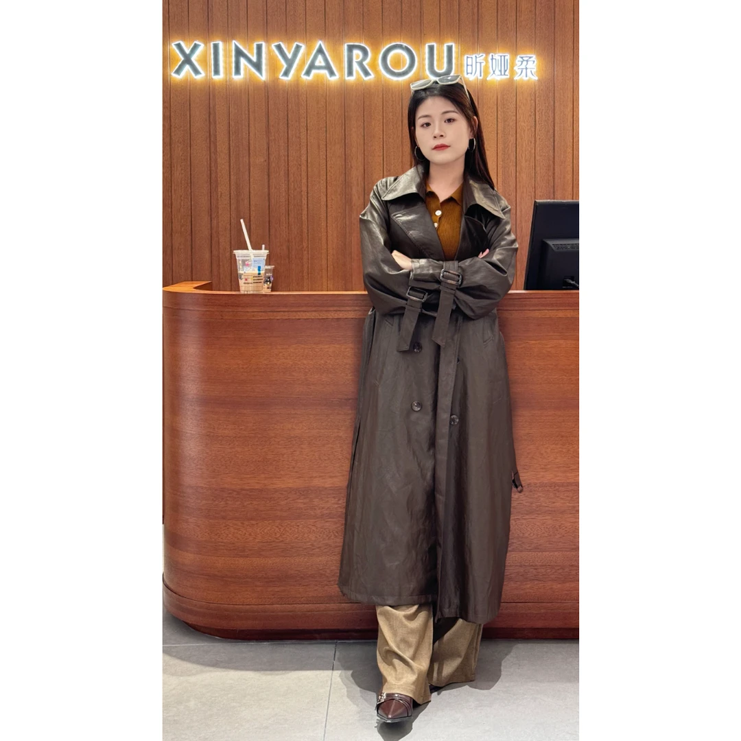 秋季高级感系带长款PU皮风衣女气质宽松西装皮外套