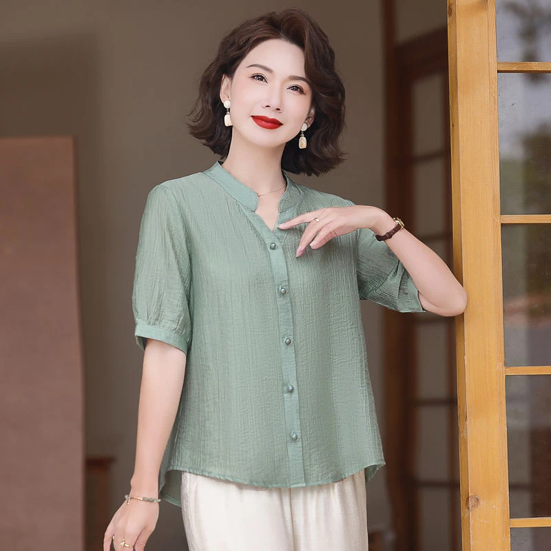 夏装新款中年女士衬衫中袖立领纯色衬衣开衫时尚妈妈夏季气质小衫