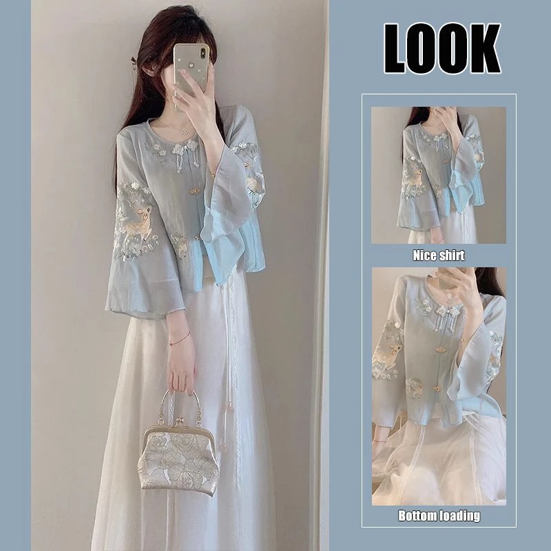 夏季新款新中式国风清冷感禅意风改良刺绣上衣半身裙子两件套装女