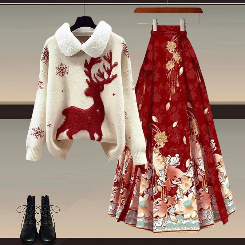 新中式女装穿搭一整套新年战袍拜年服红色毛衣配汉服马面裙两件套