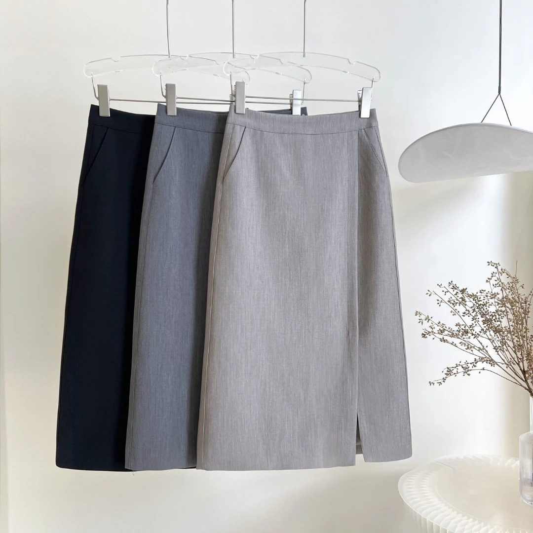 秋季新品气质前开叉半身裙不规则显瘦秋冬A字百搭中长款高腰时尚