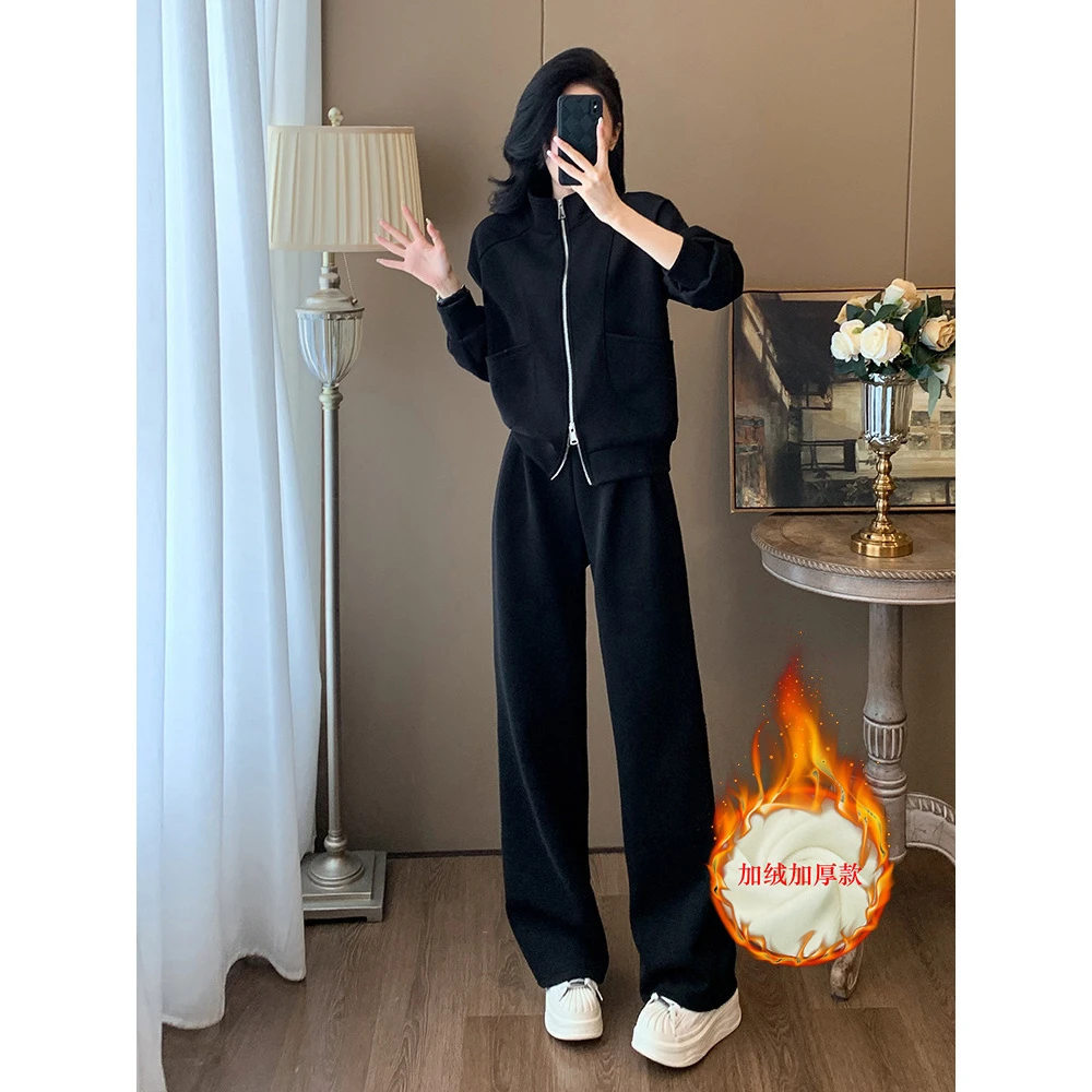 加绒休闲运动女2024秋新款高级感黑色秋冬季外套上衣阔腿裤两件套