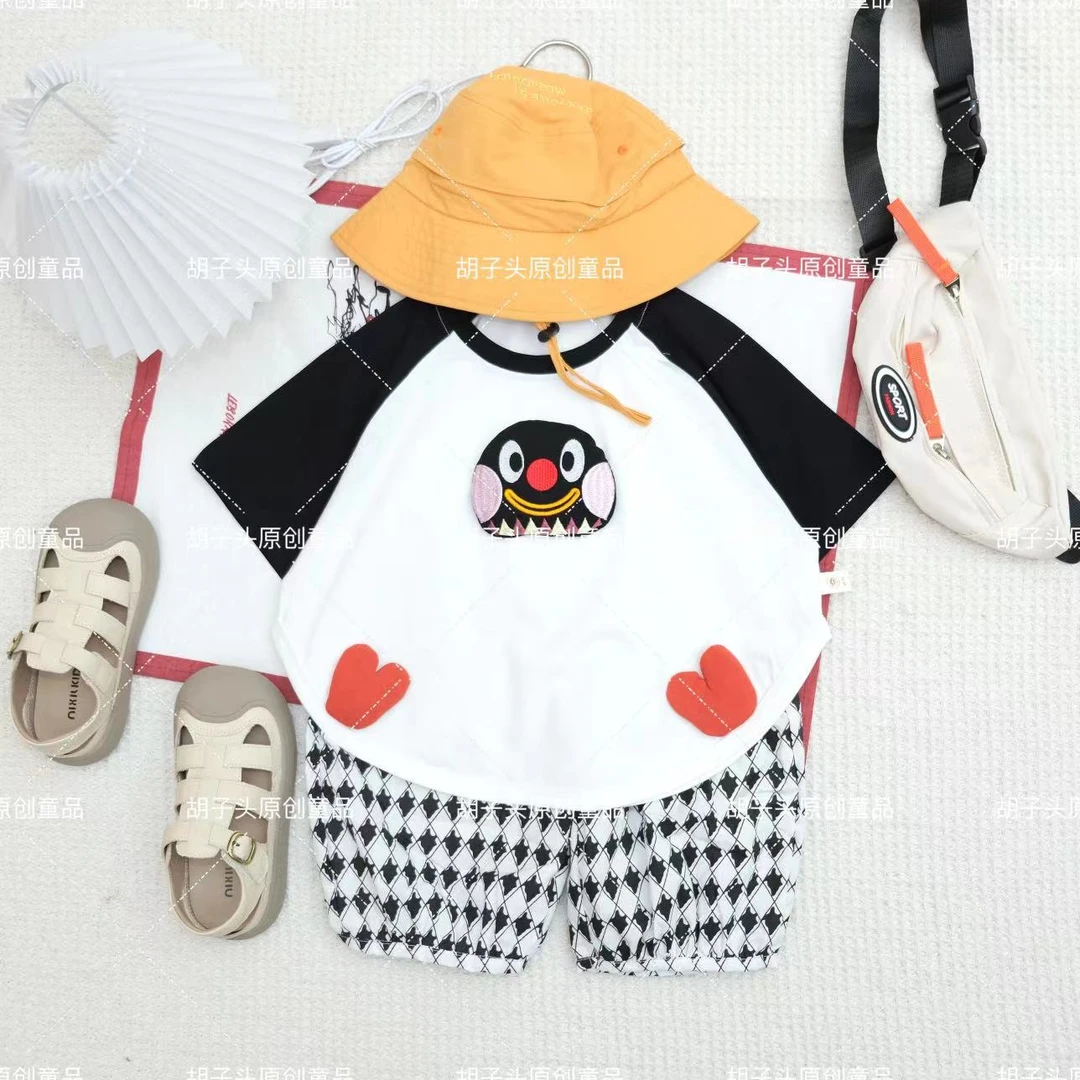 胡子头夏季男宝韩版卡通立体小企鹅拼色短袖两件套H-1118