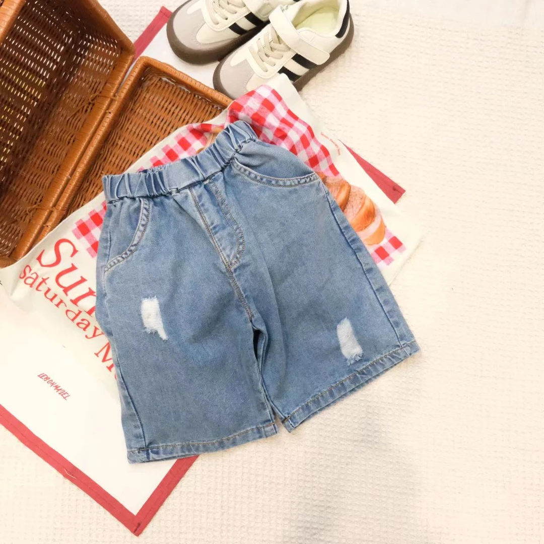 胡子头夏季男宝韩版简约破洞牛仔裤H-1073