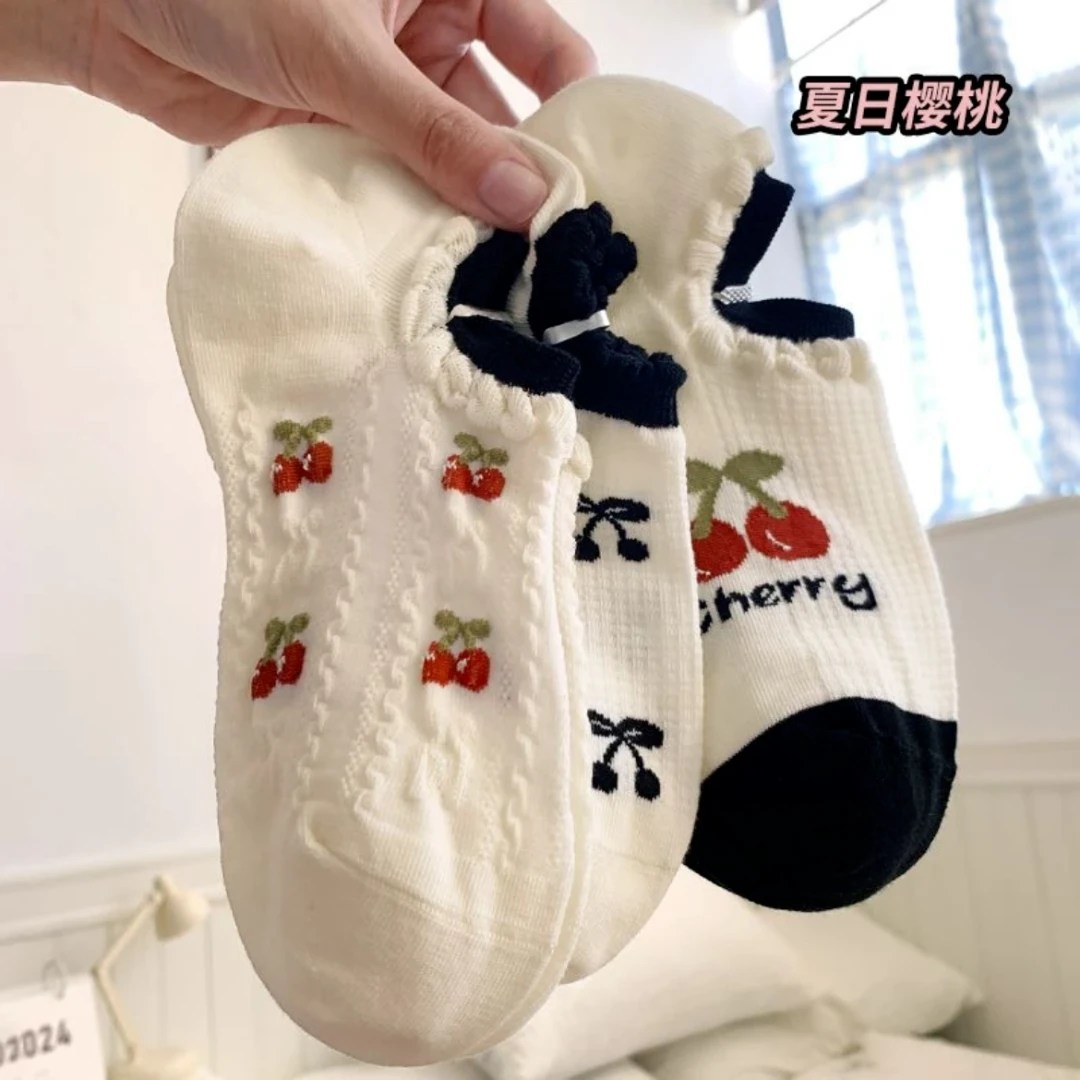 樱桃船袜ins透气薄款女袜浅口韩版短袜夏季袜子短筒白色百搭