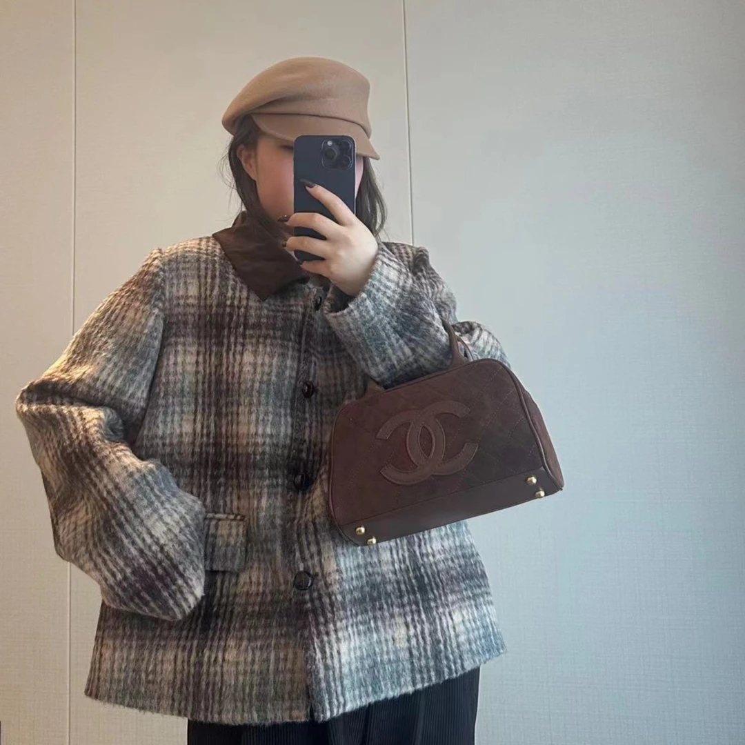 【吃不饱饱】大码冬季冬日拿铁 复古高级咖色格纹夹棉外套YZ1352