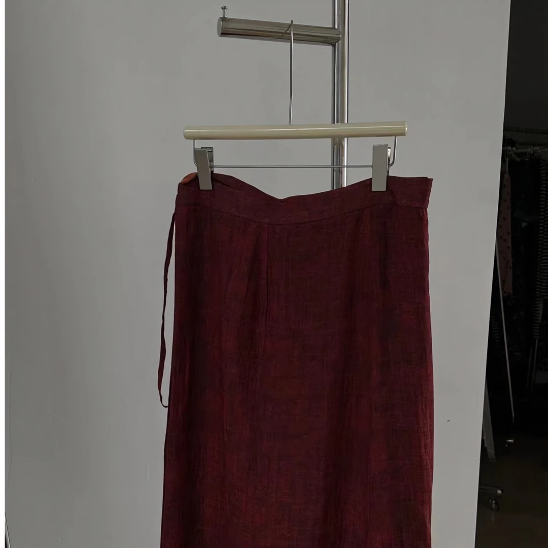 【吃不饱饱】大码夏季新中式复古苎麻印花一片式系带半身裙YL013