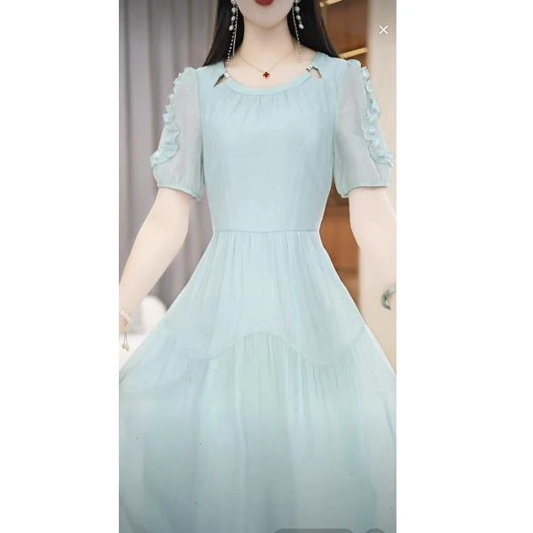 【连衣裙】夏季设计感圆领系带收腰遮肚优雅连衣裙M-5XL