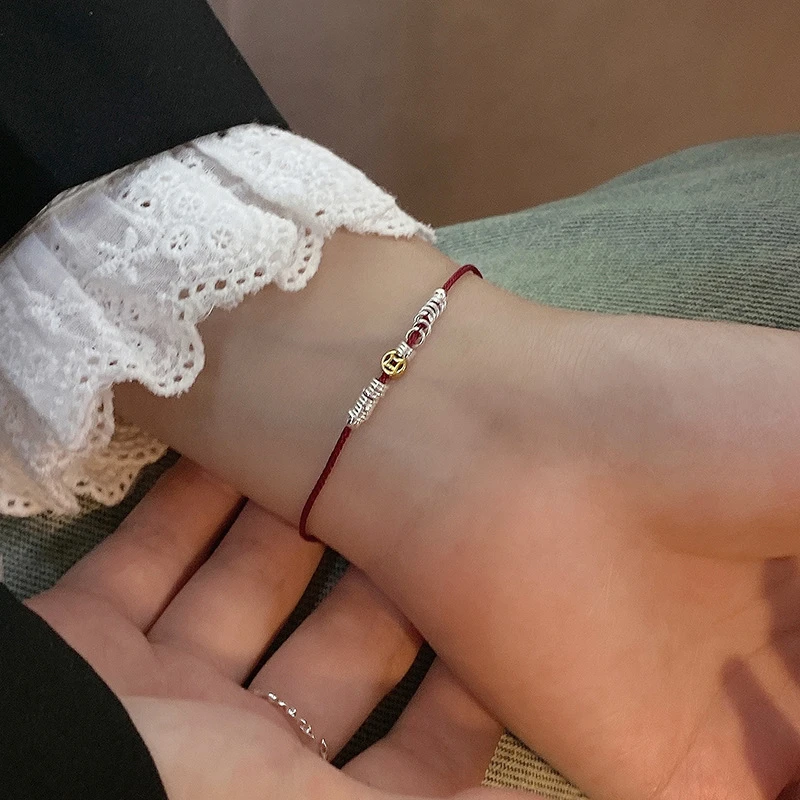 925银手链 铜钱红绳手链女新中式时尚小众设计调节银环钱币手饰