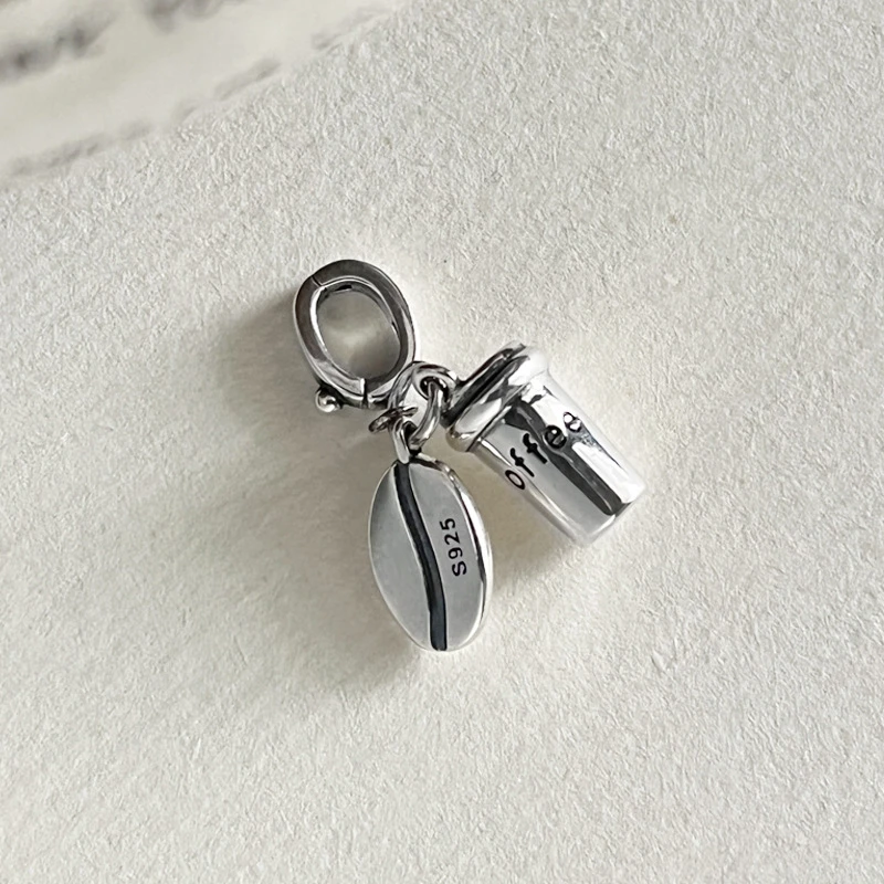 吊坠925银 925纯银咖啡豆咖啡杯吊坠简约复古做旧万能扣项链配件