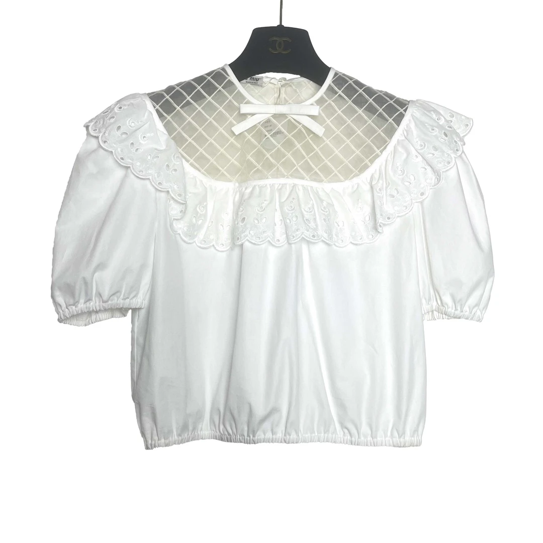 99新 MIU MIU/缪缪 青奢荟/40码/白色泡泡袖蝴蝶结短袖衬衫/40908