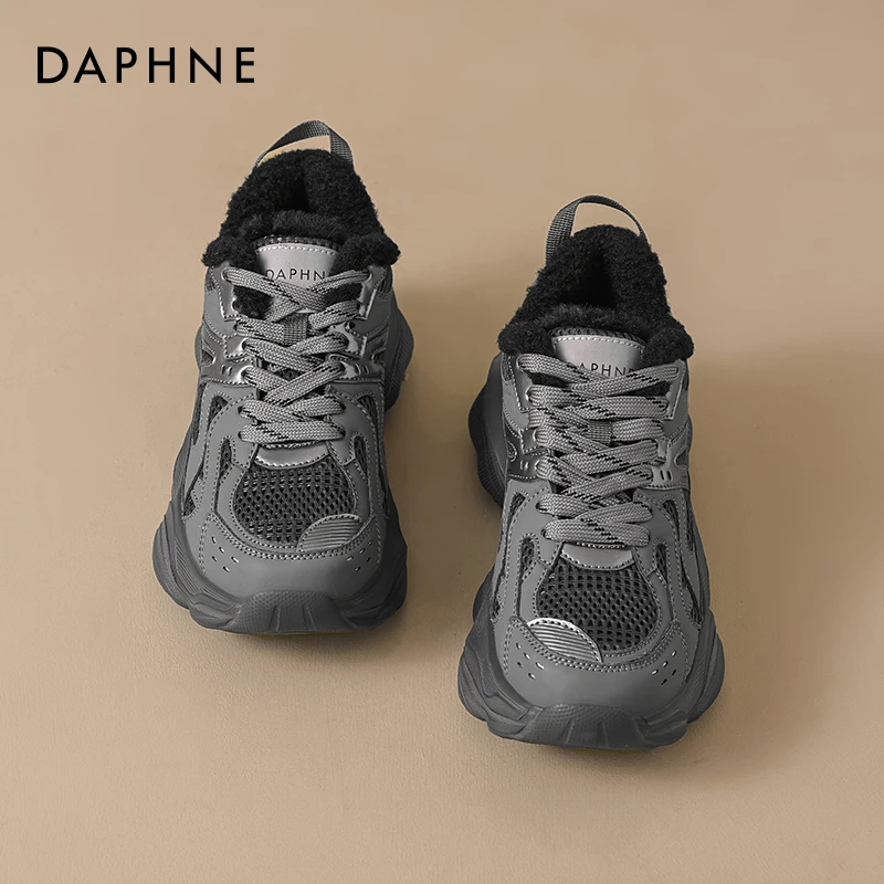 达芙妮灰色老爹鞋女鞋2025新款秋冬季加绒百搭厚底增高休闲运动鞋