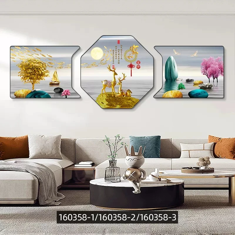 客厅装饰画现代轻奢时尚艺术简约三联挂饰壁画瓷画沙发背景画水晶