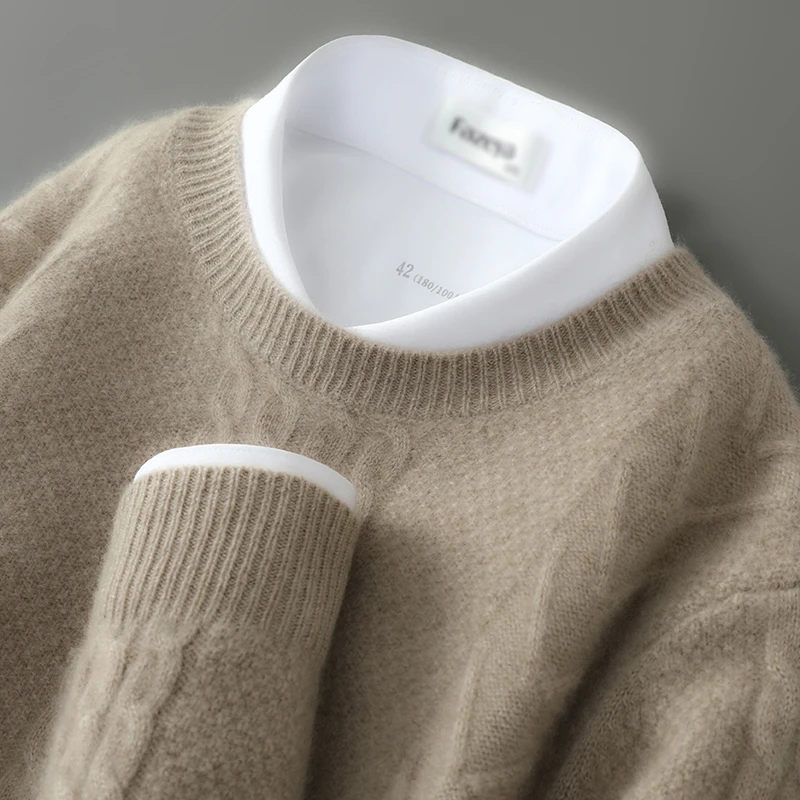 纯羊毛衫男士圆领纯色休闲扭花套头毛衣宽松商务针织羊绒打底上衣