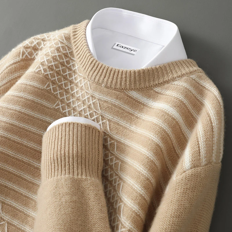 100羊毛衫男秋冬新款圆领条纹拼色提花套头毛衣休闲时尚羊绒打底