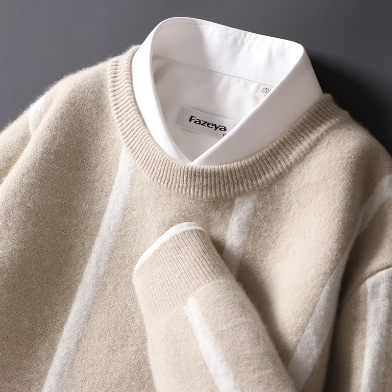 100羊毛衫男士圆领条纹拼色长袖针织打底衫宽松商务休闲加厚毛衣