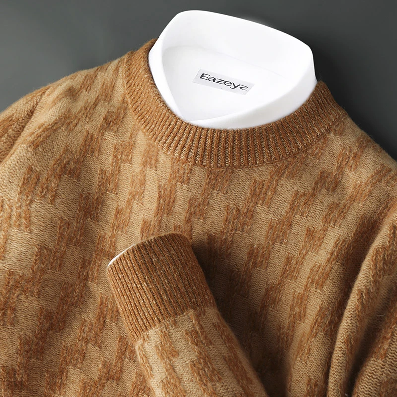 100羊毛衫男士圆领拼色提花休闲套头针织衫时尚百搭宽松打底毛衣