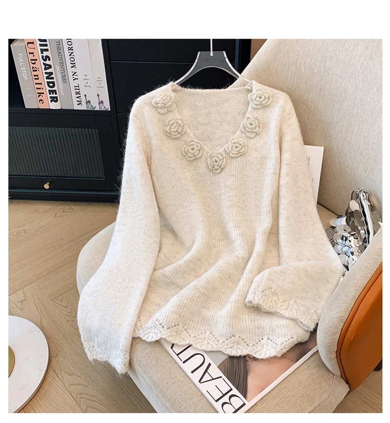 【山茶花】镂空编织毛衣女2024秋季宽松显瘦喇叭袖针织上衣