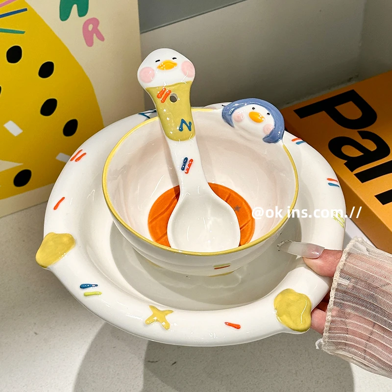 躺平鸭釉下彩家用陶瓷米饭碗卡通可爱早餐盘麦片沙拉水果碗甜品盘