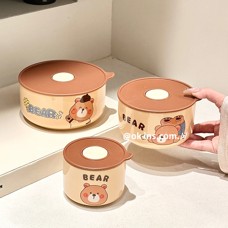 陶瓷保鲜碗干饭熊带盖含密封盖子单个微波炉饭盒泡面碗学生便当盒