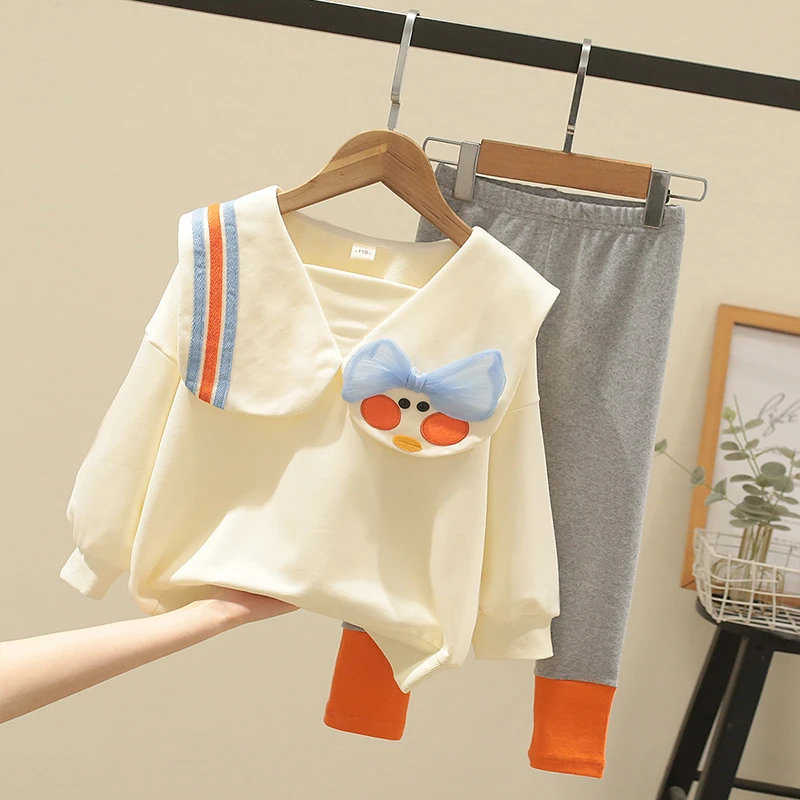 童装女童春装套装2023新款中大童运动服儿童春秋娃娃领卫衣两件套